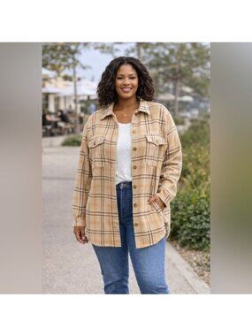 Plaid Button-Up Shacket Beige & Brown Checkered Oversized Chic Soul Womens XL